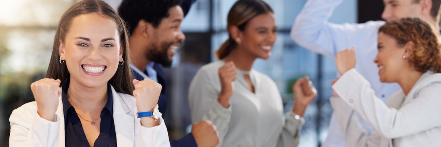 Celebration, winner and portrait of business woman in office with crossed arms, startup success and.