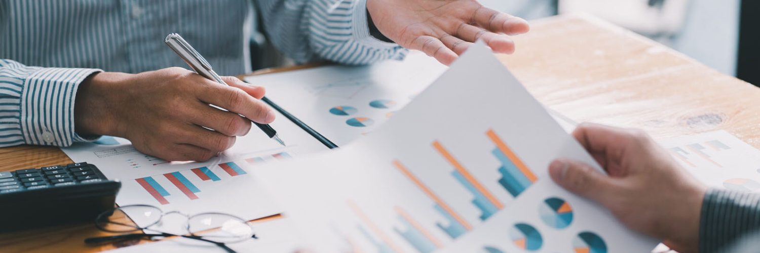Finance manager meeting discussing company growth project success financial statistics, professional investor working start up project for strategy plan with document.